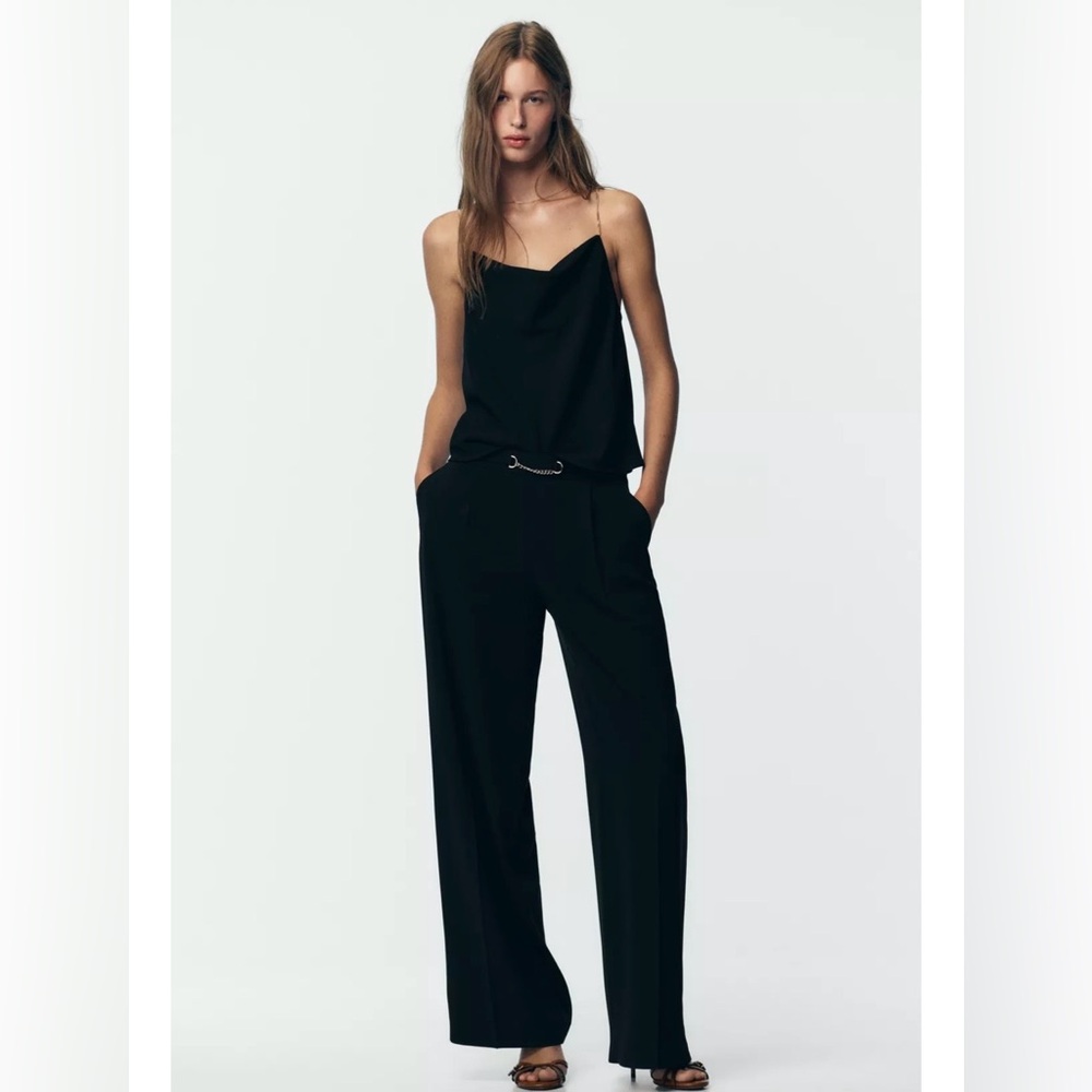 NWT Zara Classic Black Chain Wide Leg Pleated Trousers XS